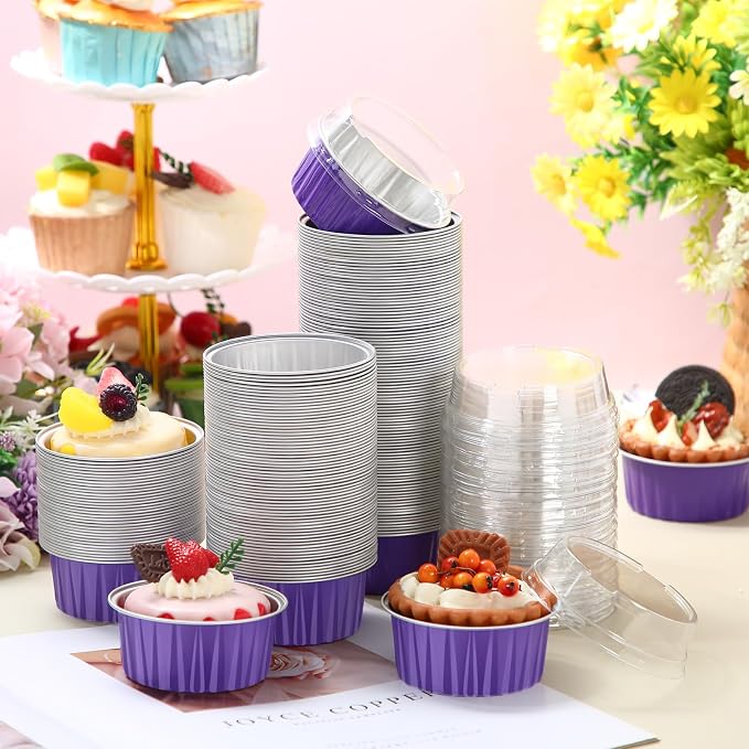 200 Pack Aluminum Foil Cupcake Liners with Lids, 5 oz Round Baking Cup, Disposable Ramekin Container for Graduation Wedding Independence Day Party(Purple,Plain)