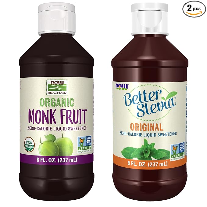 Bundle of NOW Foods, Certified Organic Monk Fruit Liquid + BetterStevia Original Zero-Calorie Liquid Sweetener, Non-GMO, Low Glycemic Impact, Gluten Free, Keto Friendly, Sugar Alternative, 8-ounce