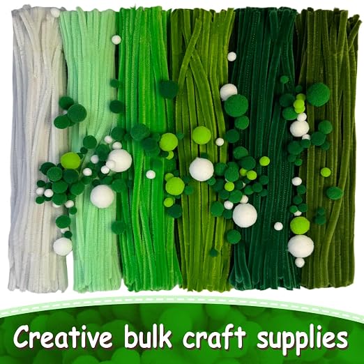 6 Color Green Pipe Cleaners Bulk with Pompoms - 900pcs Craft Kit Fluffy Fuzzy Wire and Pastel Pom Poms Chenille Stems for Arts & Crafts, Flowers School Classroom Christmas Party Supplies