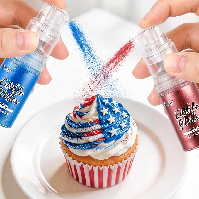 Patriotic Edible Glitter Spray, Blue & Red Edible Glitter for Cocktails, Cobakey Luster Dust Edible for Cake Decorating, Drinks, Baking, Chocolate, Strawberrie 5g/2 Bottles