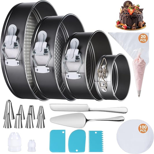 139PCS Springform Cake Pan Set - 4 Non-stick Cheesecake Pans(4/7/9/10-Inch) + Cake Decorating Supplies: Parchment Paper, Pastry Bags and Tips, Icing Scrapers, Cake Cutting Set & More