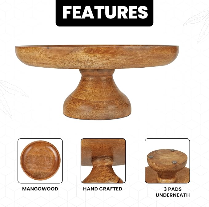 Mela Artisans 12" Mango Wood Cake Stand 5" Tall with Wooden Pedestal – Classic Finish Riser Designed for Birthday Cake and Cookie Display, Cupcake Stand & Decorative Trays