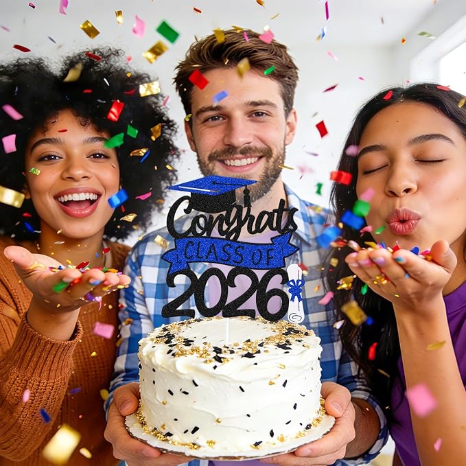 Congrats Class of 2026 Cake Topper Congrats Grad Cap Diploma Theme for High School Happy Graduation Party Supplies College Graduate Decoration (Black and Blue)