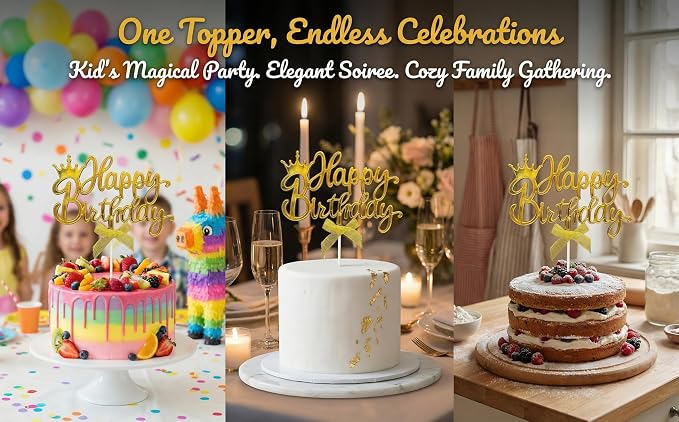 Elegant Acrylic Birthday Cake Topper with Crown & Bow Design - Reusable Decoration for Party, Wedding, Baby Shower (Gold)