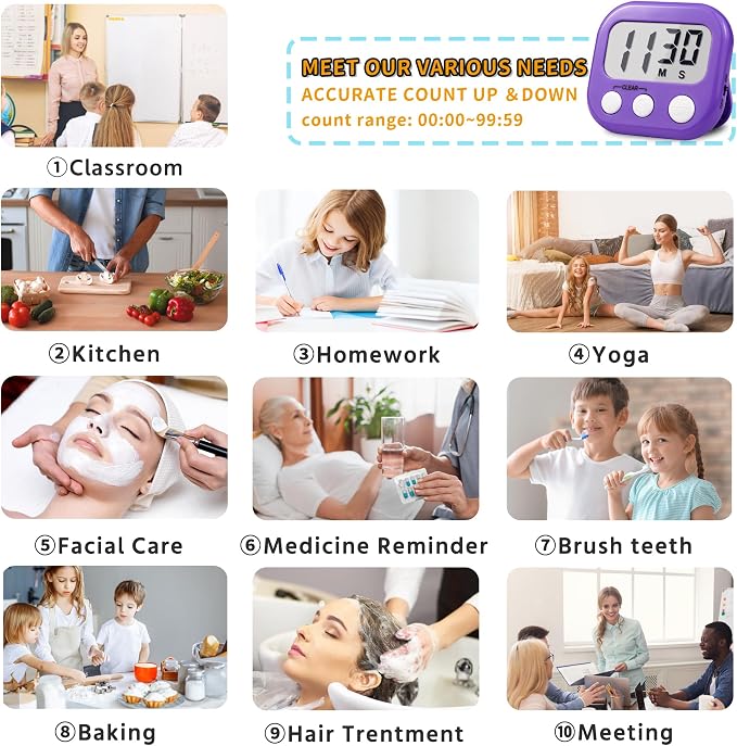 Timer for Kids Teachers Supplies Digital Kitchen Timers for Cooking Large Magnetic Classroom Timer 4Pack-Blue Purple