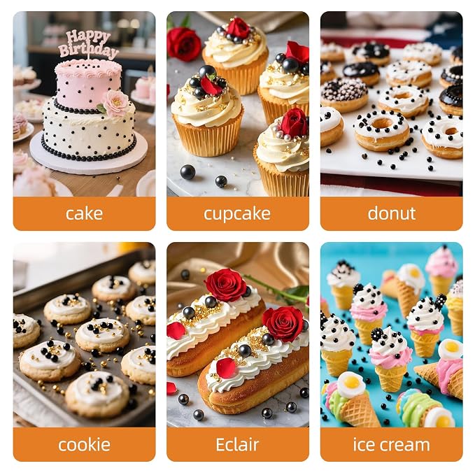 Edible Black Pearl Sprinkles,Holiday Pearls Sugar Sprinkle,130g Mix Size Baking Cake Decorations Candy,Cupcake Toppers,Cookie Decorating Donuts Ice Cream Toppings,Birthday Party Supplies
