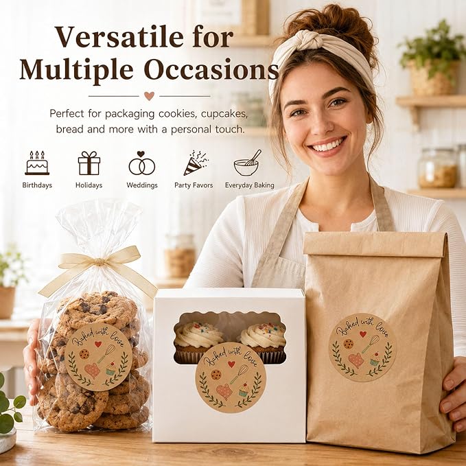 100 Baked with Love Stickers, Kraft Paper Bakery Stickers for Cookies, Sourdough Bread & Pastry Packaging, Rustic Baking Labels for Gift Bags, Bakery Boxes & Small Business, 1.6 Inch