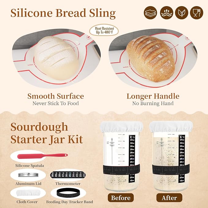 Sourdough Starter Kit with Warmer, Round Banneton Proofing Basket & Glass Jar, Complete Bread Baking Supplies, Home Kitchen Baking Set, Gift for Beginner Bakers Women Mom Wife