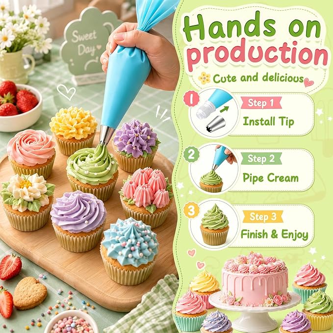 Hendiy 14pcs Large Piping Tips Set, Stainless Steel | 12 Icing Tips, 1 Reusable Bag, 1 Coupler, Cake & Cupcake Decorating