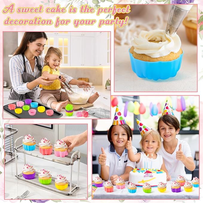 R HORSE 42 Pack Mini Silicone Cupcake Molds Multi Flower Shaped Baking Cups Non-Stick Muffin Baking Mould Washable Cupcake Cake Cup Liners Mold for Soap Dessert Pudding Donut Party Supplies