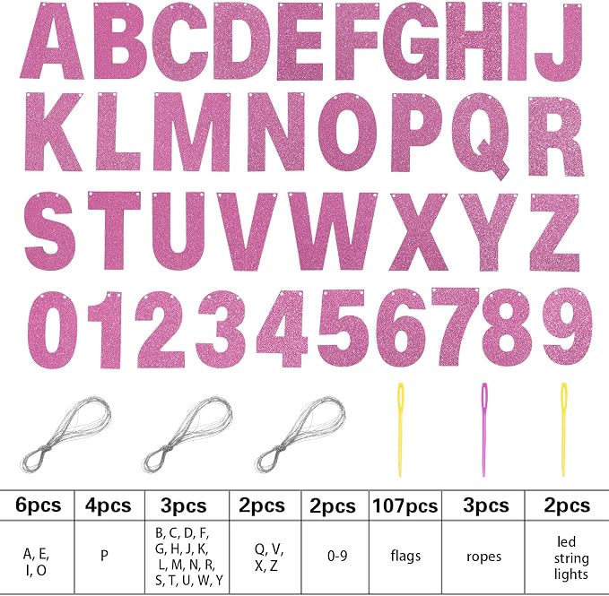 TaoBary 112 Pcs DIY Letter Kit Glitter Customizable Banner Letters Include 107 Letters and Numbers 3 Rope and 2 Needles for Birthday Halloween Christmas Wedding Valentine Party Decor(Pink)