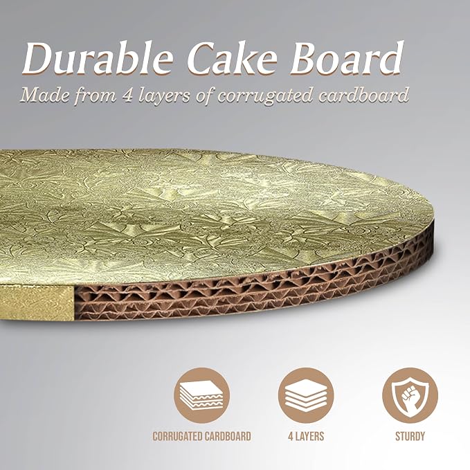 Cakebon Round Cake Boards - Sturdy 1/2 Inch Thick Cake Drums - 10 Inch Professional Base para Pastel Smooth Straight Edges Gold 3-Pack