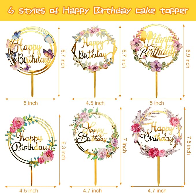 Jetec 6 Pieces Happy Birthday Cake Toppers Gold Flower Acrylic Cupcake Cake Toppers for Various Birthday Party Anniversary Pastries Decorations