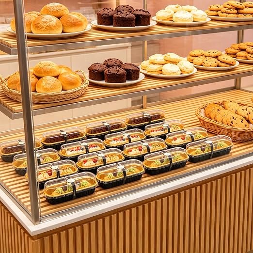 NPLUX 50 Pack Mini Cake Pans with Lids and Spoons Black Gold Rectangular Aluminum Foil Baking Pans Mini Cheesecake Containers, Graduation Gifts Party Favors(6.8oz)