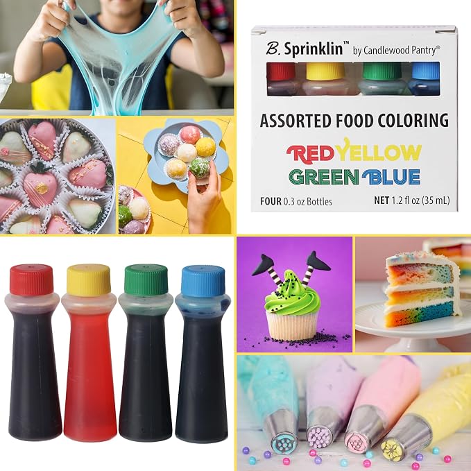 B. Sprinklin Liquid Food Coloring Kit Assorted Variety (2 Pack) 0.3 fL Oz - Vibrant Food Dye for Slime Crafts, Frosting Icing and Cake, Egg Decorating by Candlewood Pantry
