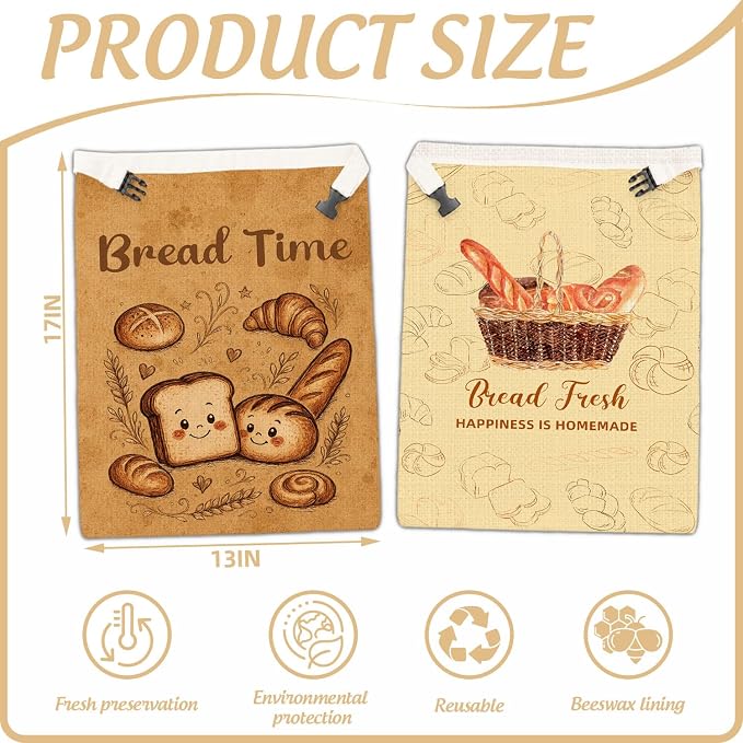 2 Pack Retro Beeswax Bread Bags for Homemade Bread, Natural Beeswax Storage Bag, Reusable Linen, Food Storage Cloth Bag with Buckle, Keep Loaves Fresh Longer, Home Portable Supplies 13 * 17IN