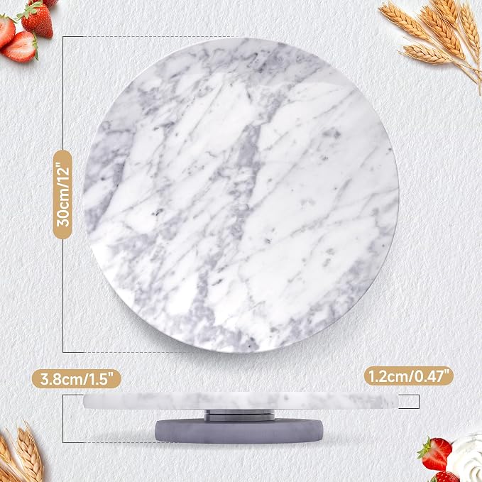 Marble Lazy Susan, 12" Cake Turntable for Decorating, Natural Marble Cake Stand Turntable Baking Supplies for Displaying Cupcakes Cheese Cookies (White with Gray Tone)