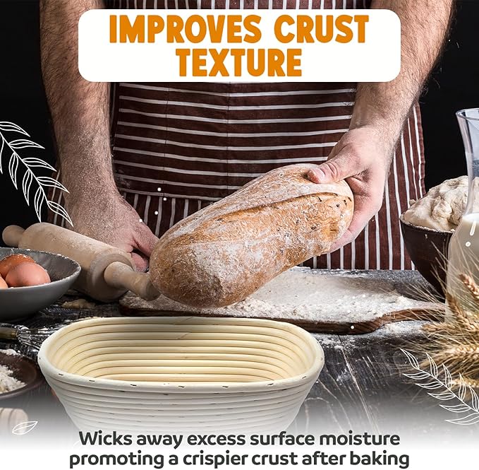 Vollum Banneton Bread Proofing Basket & Liner – Handmade Rustic Sourdough Bread Baking Supplies, Brotform Basket, Sour Dough Tools, Gifts for Bakers - Round - 11"D x 3.5"H