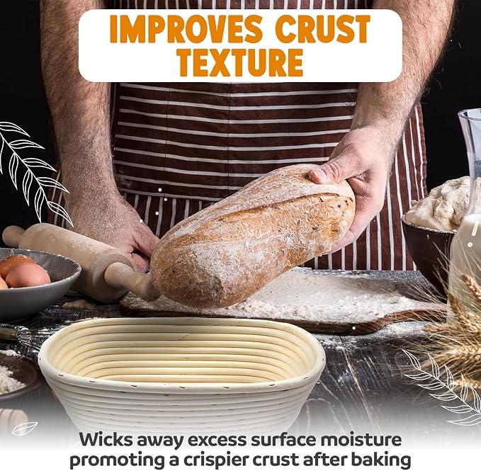Vollum Banneton Bread Proofing Basket & Liner – Handmade Rustic Sourdough Bread Baking Supplies, Baguette Brotform, Sour Dough Tools, Gifts for Bakers - Rectangular - 13.5 x 3.5 x 2.5"H