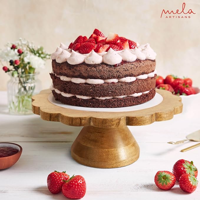 Mela Artisans 12" Mango Wood Cake Stand 5" Tall with Wooden Pedestal – Natural Finish Riser Designed for Birthday Cake and Cookie Display, Cupcake Stand & Decorative Trays