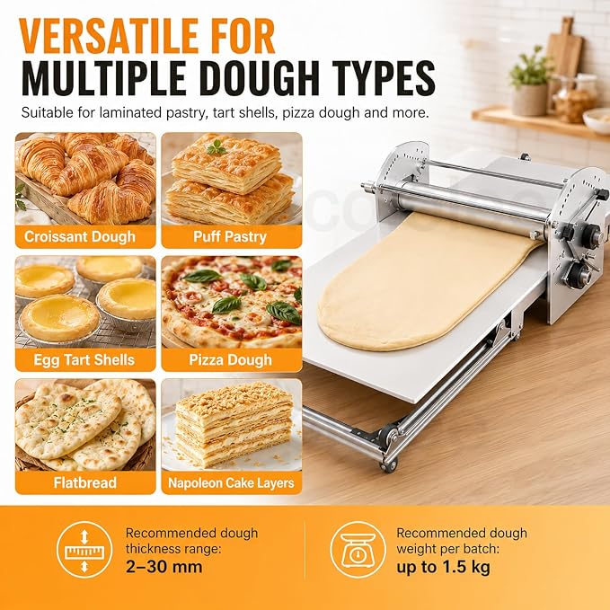 40" Commercial & Home Electric Dough Sheeter, Foldable Dough Roller Machine, Food-Grade Stainless Steel, Adjustable Thickness for Croissants, Puff Pastry, Pasta Sheets, Tortillas, Roti