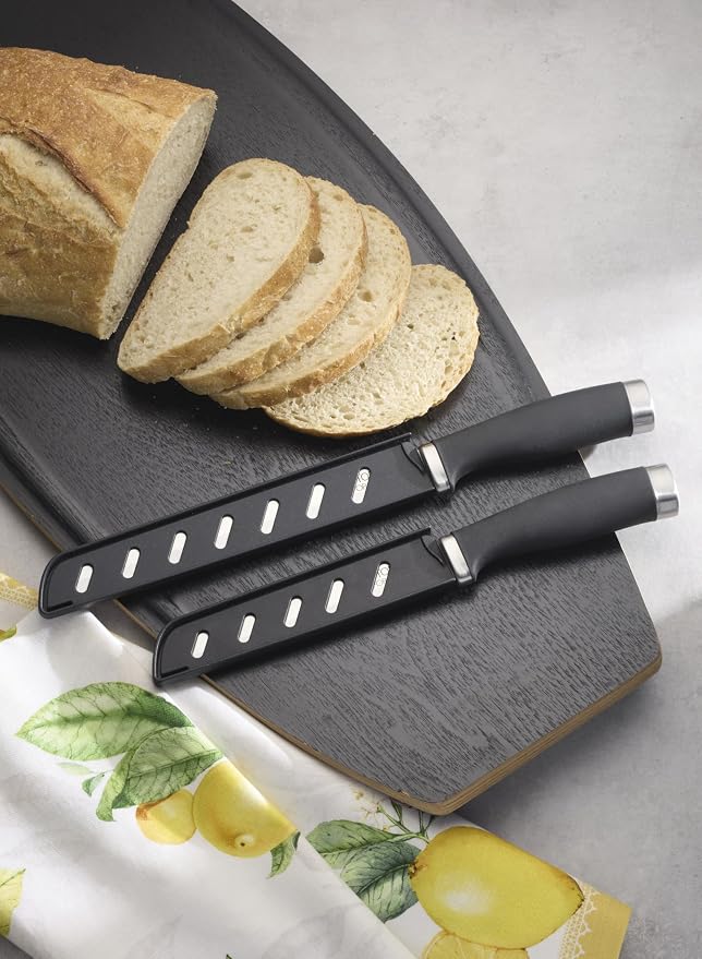 Hampton Forge Silverware Set, Epicure Bread Knives 2 Piece, Stainless Steel Material, Hand Wash, Kitchen Utensils, Cutlery Set, Kitchen Knives, Blade Guards, Slip Resistant (Black/Silver, 2 Pieces)
