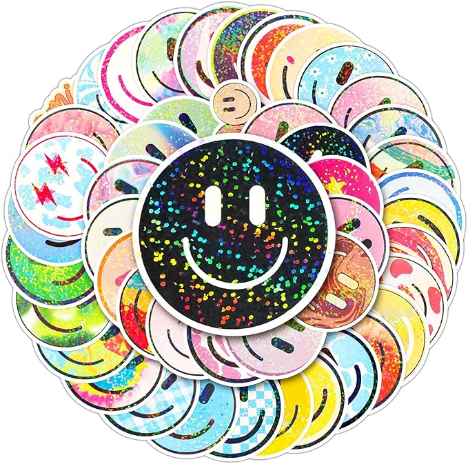 50PCS Smiling Glitter Stickers, Cute Water Bottle Stickers for Kids, for Teaching Rewards, Notebooks, Stationery, Luggage, Cartoon PVC Happy Sticker