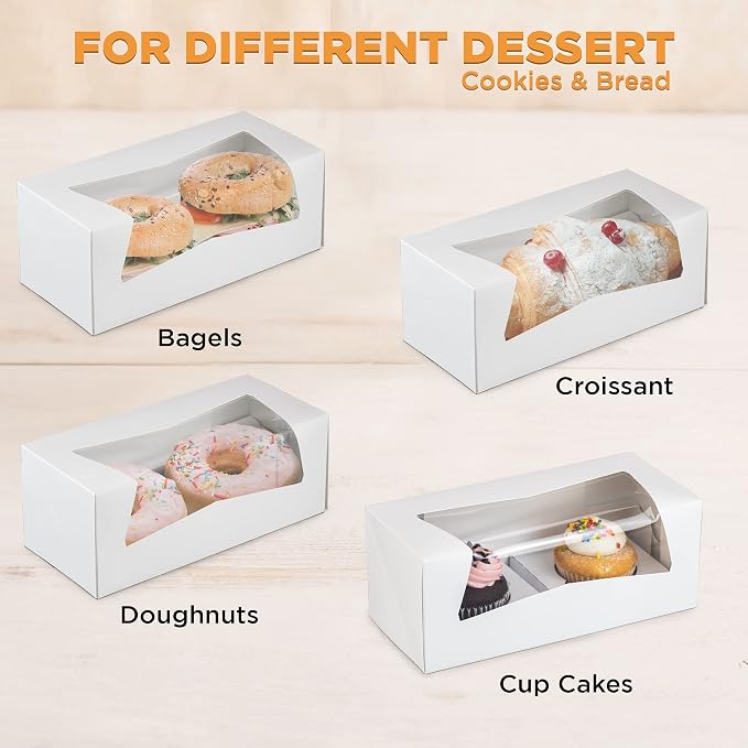 Fit Meal Prep 25 Pack 9 x 4 x 3.5 Inches White Bakery Boxes with Window, Auto-Popup Cardboard Gift Packaging and Baking Containers, Cupcake, Cookie and Loaf Bread Boxes