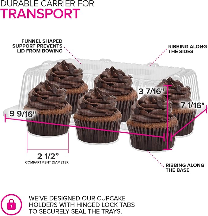 Stock Your Home 6-Compartment Plastic Cupcake Containers Disposable (40 Count) Clear Container with Connected Dome Lid, BPA Free, For Standard Sized Cupcakes