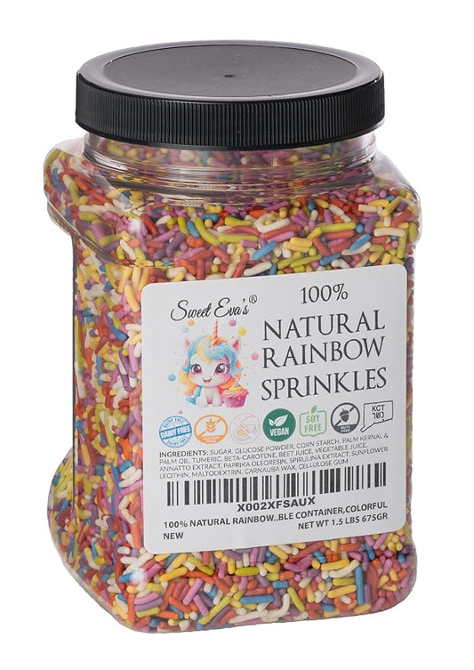 100% NATURAL RAINBOW SPRINKLES - NATURAL COLOR, DAIRY FREE, NUT FREE, GLUTEN FREE, SOY FREE, VEGAN, EGG FREE AND KOSHER,1.5 LBS. CUPCAKE AND CAKE TOPPER,BULK CANDY, RESEALABLE CONTAINER,COLORFUL