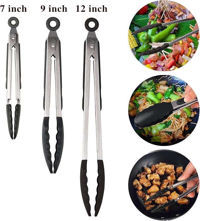 Non-Stick Kitchen Tongs for Cooking - Set of 3: 7, 9, 12-Inch Cooking Tongs w/Rubber/Silicone Tips | Stainless Steel Tong, Metal | Salad Tongs, Pasta, Food Serving, Grill Tongs, Bbq