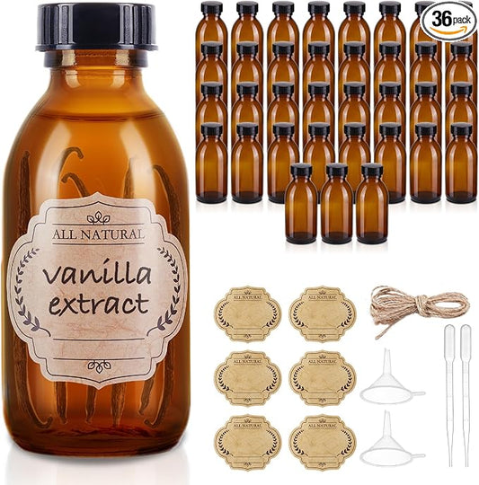 36 Pack 4 oz Boston Glass Bottle with Cap, Empty Glass Bottles for Homemade Vanilla Extract, Essential Oils, Juice, Potion, Syrup, Liquids, Christmas, Holiday Gift (Amber 36 Pack)