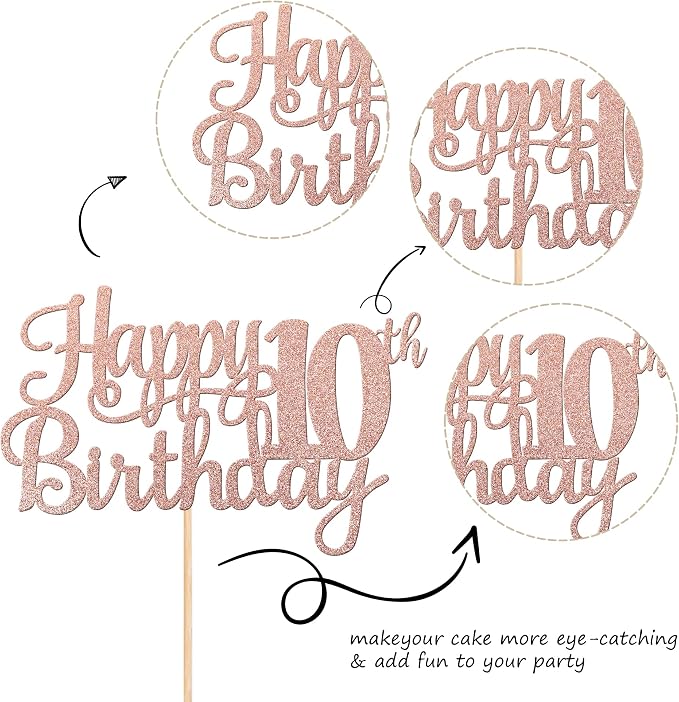 1 PCS Happy 10th Birthday Cake Topper Glitter Cheers to 10 Years Birthday Cake Pick 10 Fabulous Double Digits Cake Decoration for Happy 10th Birthday Theme Party Decorations Supplies Rose Gold