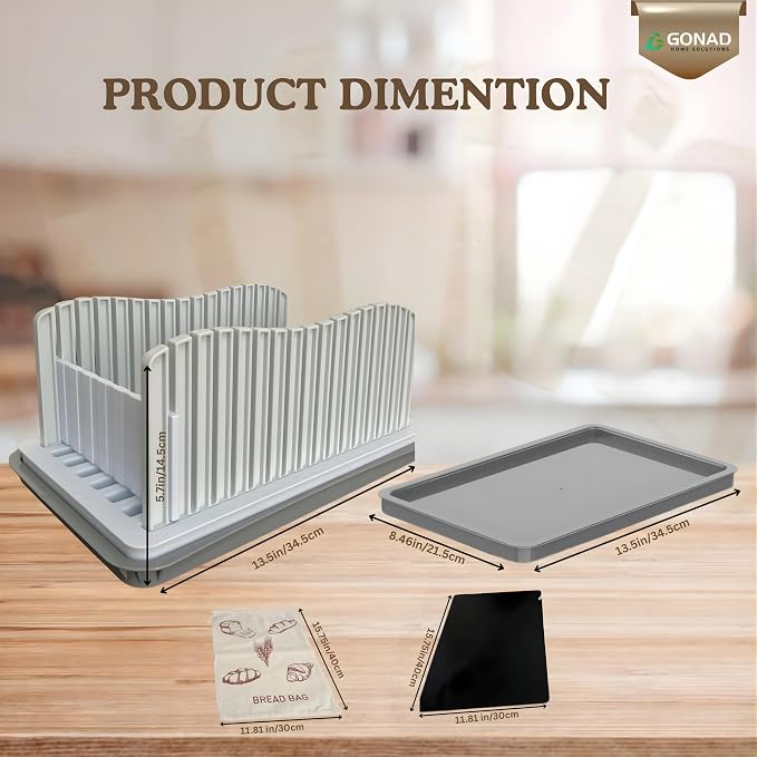 Bread Slicer for Homemade Bread, Adjustable Width Bread Loaf Slicer with Crumb Tray, Bread Bag & Silicone Mat, Foldable Bread Cutter for Even Slices for Loafs, Sandwiches, Bagels & Cakes