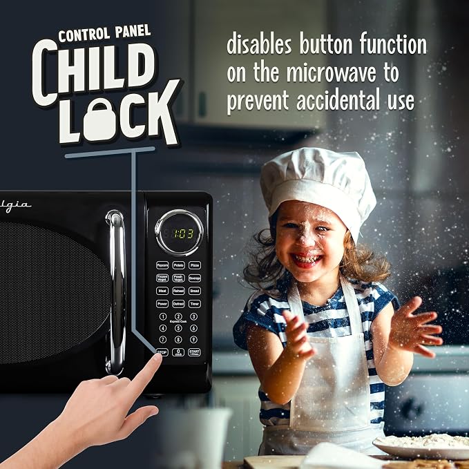 Nostalgia Retro Microwave Oven 0.7 Cu Ft, 700-Watt Countertop Size with Glass Turntable, Child Safety Lock, 8 Auto-Cook Programs, Digital Clock, Black
