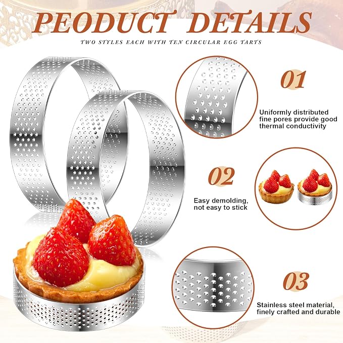Mumufy 20 Pcs Perforated Tart Rings Round Stainless Steel Tart Rings for Baking Nonstick Metal Round Cake Ring for Pastry French Dessert Mousse Food Crisp Home Food Making Tool (2.4")