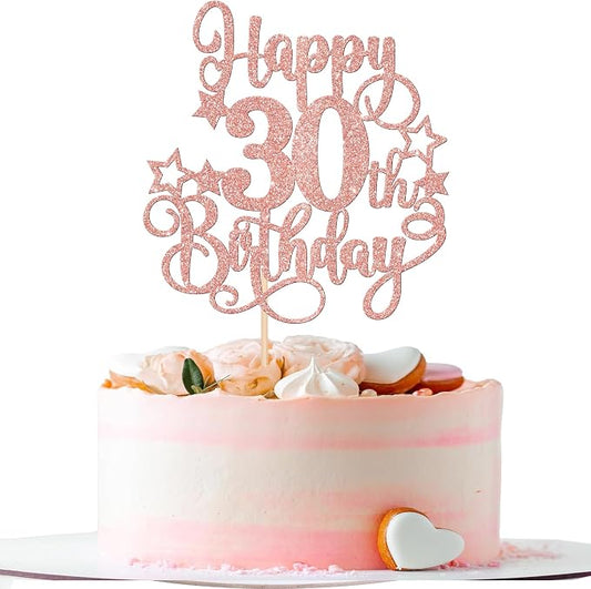 1 PCS Happy 30th Birthday Cake Topper Glitter Cheers to 30 Years Birthday Cake Pick Hello 30 Fabulous Cake Decoration for Happy 30th Birthday Anniversary Party Decorations Supplies Rose Gold