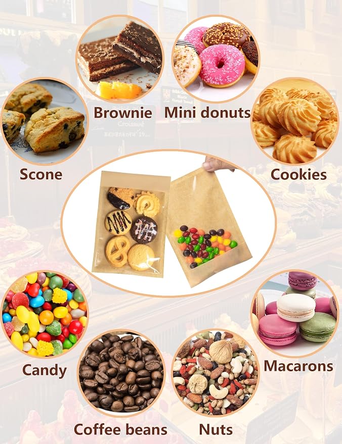 200 Pack Self Sealing Cookie Bags with Seal, 4x6 Inch Cookie Bags with Window for Gift Giving, Grease Resistant Bakery Treat Packaging for Candy, Snack, Scone, Brownie, Small Pastries and other Treats