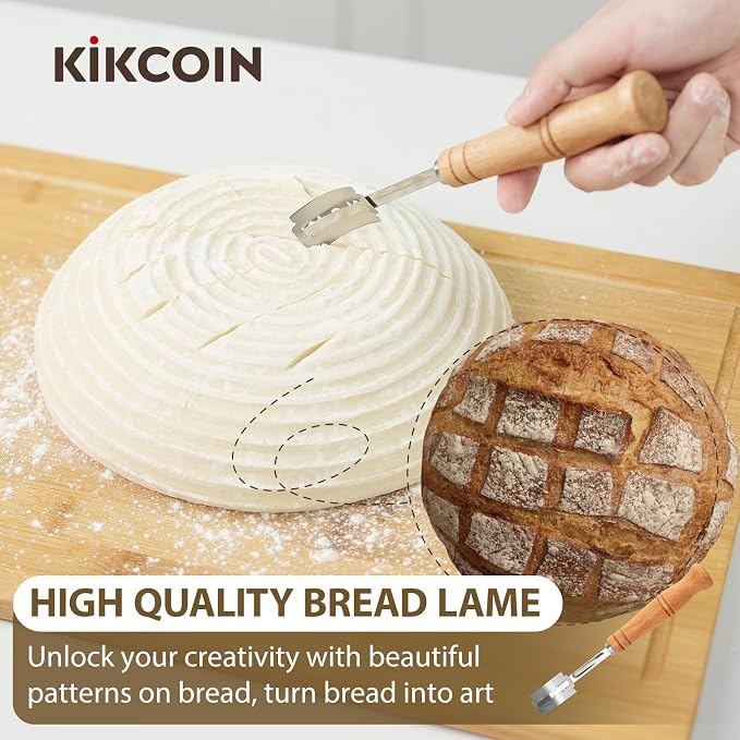 Kikcoin 8" & 9" & 10" Banneton Bread Proofing Basket Set, Round Banneton Basket for Sourdough Baking, Baking Supplies with Linen Liner, Bread Lame & Dough Scraper, Sourdough Proofing Tools