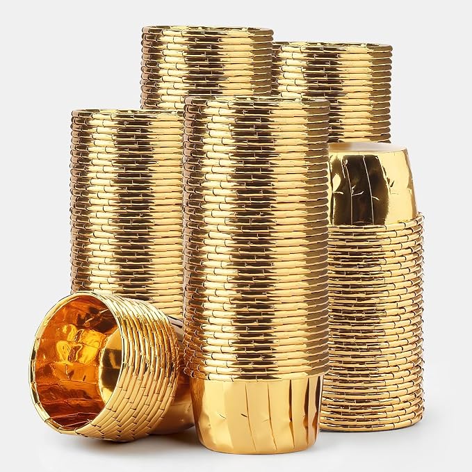 EUSOAR Gold Cupcake Liners, 200pcs 3.5oz Disposable Muffin Foil Cupcake Ramekins, Aluminum Wrappers Paper Cake Containers Mini Cheesecakes Cups Dessert Holders for Birthday Wedding Party Festival