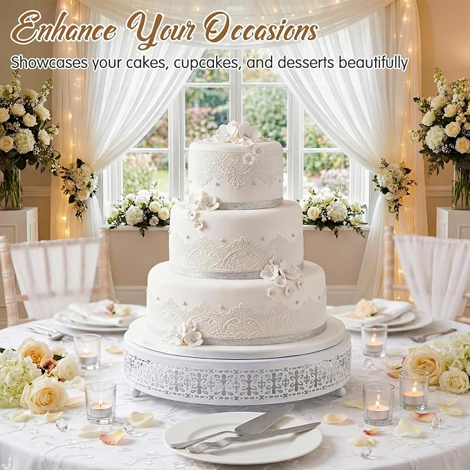 Wenqik White Cake Stand 12 Inch Metal Round Wedding Cake Stand with Cutting & Spatula Cupcake Dessert Cookies Display Holder Fruit Serving Tray for Wedding Birthday Anniversary Party