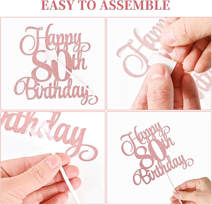 80th Birthday Cake Decorations, 80th Birthday Candles Cake Numeral Candles and Glitter Happy 80th Birthday Cake Toppers Set for Birthday Party Supplies (Rose Gold)