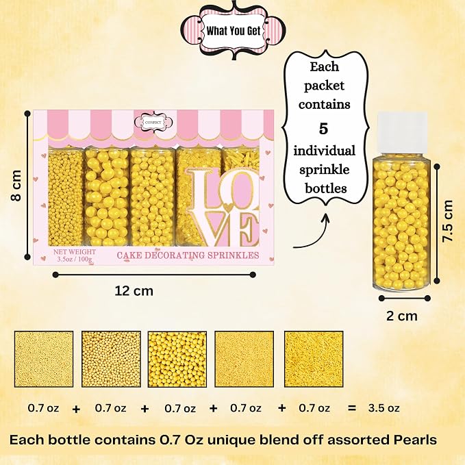 Confect Yellow Sprinkles | Sprinkle for Cakes & Cupcakes Decoration | Galaxy Sprinkles | Assorted Pack of 5 Summer Break Party Celebration Mix Dragees, Jimmies & Sparkling Sugar | Vegan, Gluten-Free, Soy-Free, Dairy-Free, Palm Oil-Free- 5 Oz