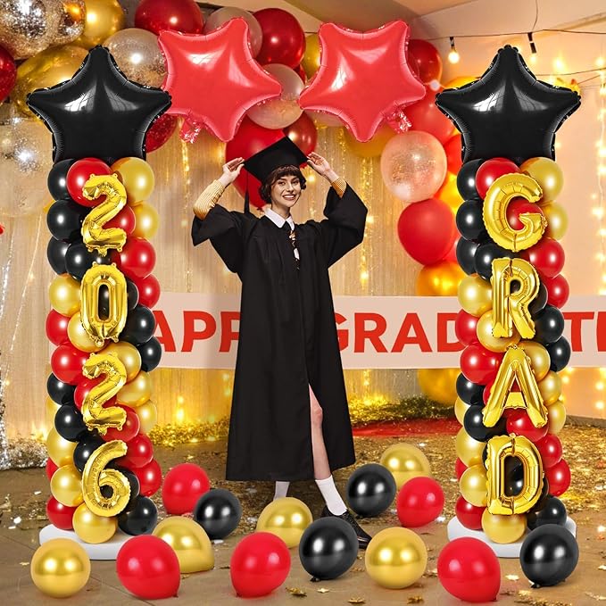 2 Sets Graduation Balloon Column Stand Kit with Balloons Prom Send off 2026 Grad Prom Themed Decor Black Red Balloon Tower Stand for Floor Grad School & College Celebration Party Supplies