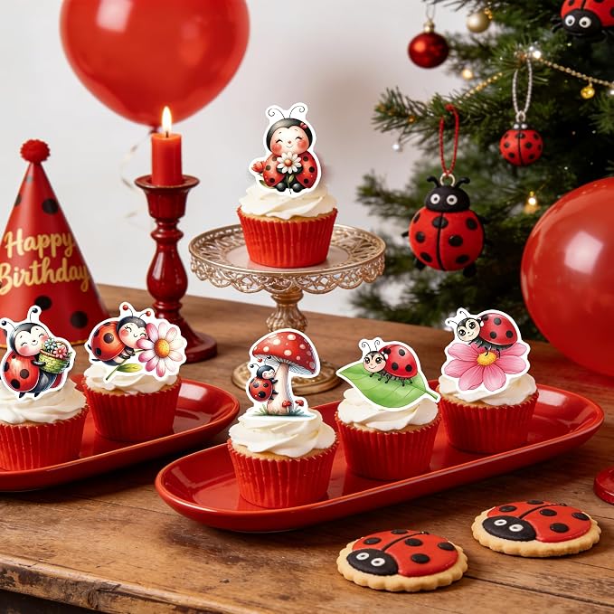 72PCS Edible Ladybug Cupcake Toppers Wafer Paper Flowers Insects Cake Decorations Picks for Baby Shower Kids Birthday Party Cake Decorations Supplies