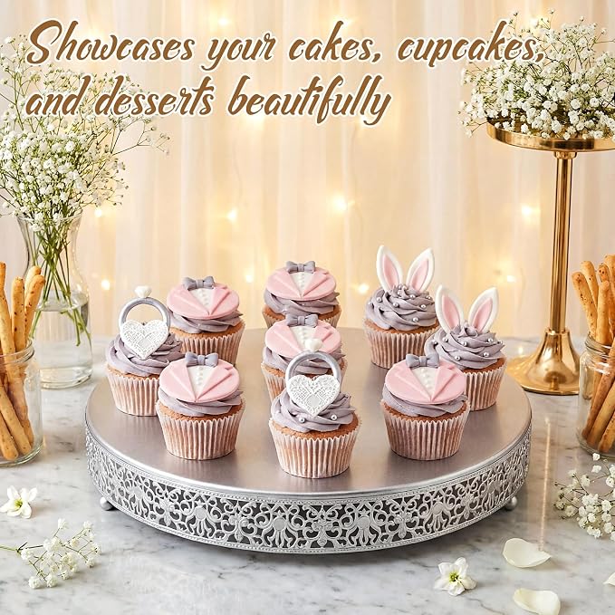 Wenqik 20 Inch Silver Cake Stand Set Metal Round Cupcake Dessert Stand with Cake Cutting, Spatula Wedding Cupcake Pastry Display Candy Holder Display for Wedding Party Birthday Baby Shower(Classic)