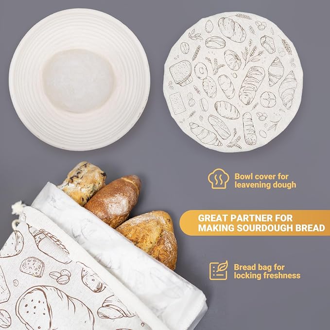 2 Pack Large Reusable Linen Bread Bags and 10'' Bowl Covers with Plastic Liners for Bread Storage & Sourdough Proofing