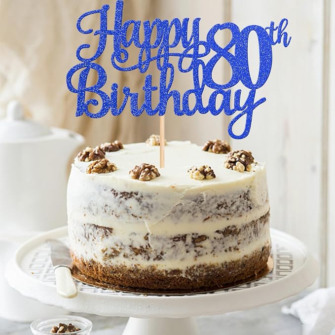 1 PCS Happy 80th Birthday Cake Topper Glitter Cheers to 80 Years Birthday Cake Pick Eighty 80 Fabulous Cake Decoration for Happy 80th Birthday Theme Party Decorations Supplies Blue