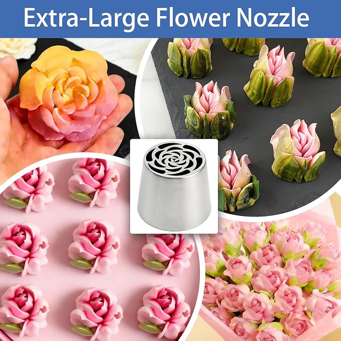 3pack Russian Piping Flower Nozzles Extra Large, Stainless Steel Rose Floral Piping Nozzles for Cake Decorating Icing, Cream Flower Bouquet DIY Cookies, Desserts Baking Tools (XXL, E）