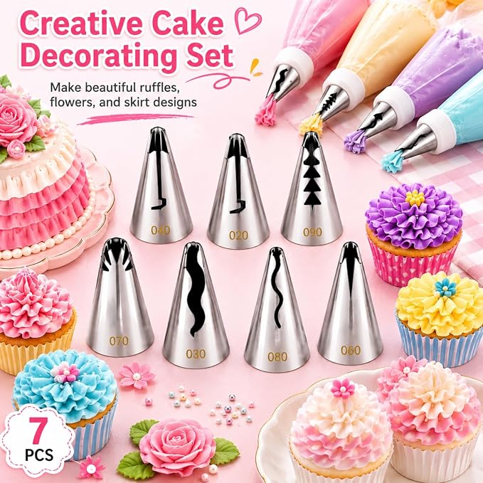 7 Pcs Pleated Skirt Piping Tips, Stainless Steel | Russian Nozzles Tips Piping, For Pastry Fondant Cookie And Birthday Cake DIY Cream Baking Tools